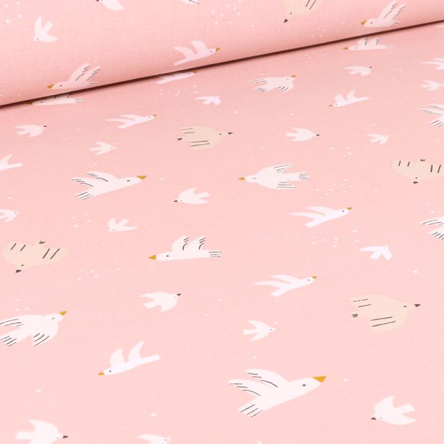 Tissu Coton imprimé LittleBird Wazou sur fond Rose pâle
