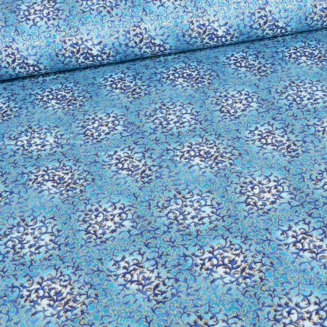 Tissu Robert Kaufman Persis Blue fleurs sur fond Bleu acier