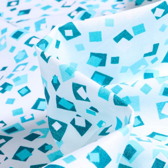 Tissu Coton imprimé Cubes turquoise et blanc sur fond Blanc