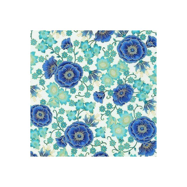Tissu Coton QT Fabrics Florentine garden fleurs bleues or et vertes sur fond Blanc cassé - Par 10 cm