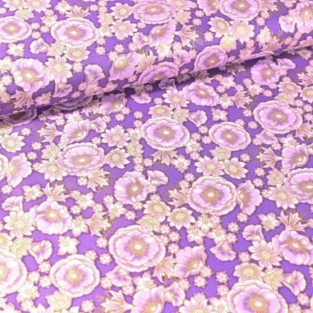 Tissu Coton QT Fabrics Florentine garden fleurs or sur fond Violet - Par 10 cm
