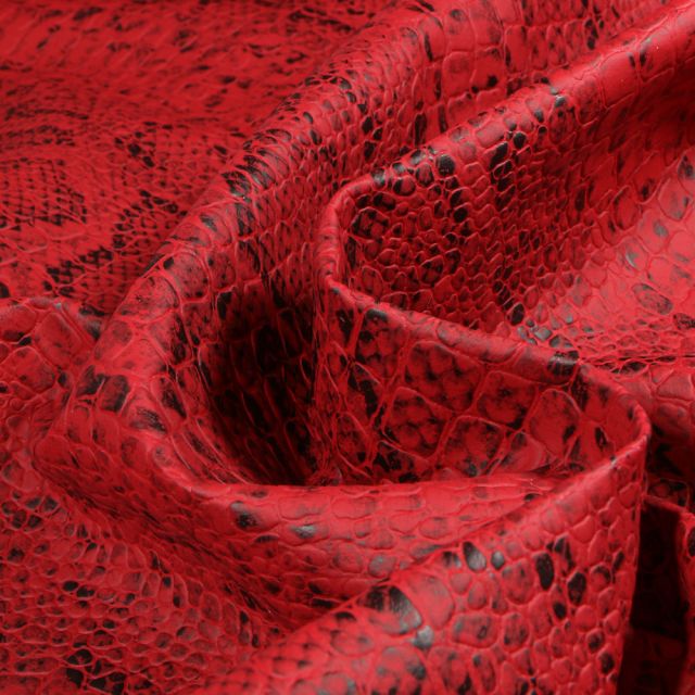 Tissu Simili cuir Croco  Snake Noir mat sur fond Rouge