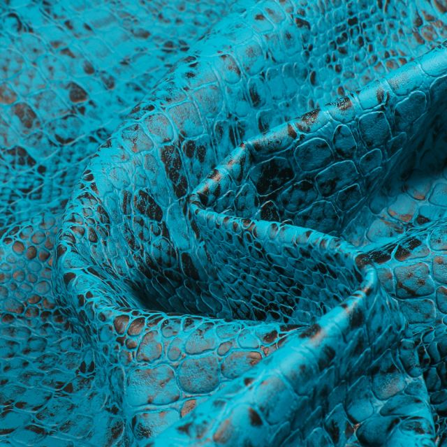 Tissu Simili cuir Croco snake  Noir mat sur fond Bleu turquoise