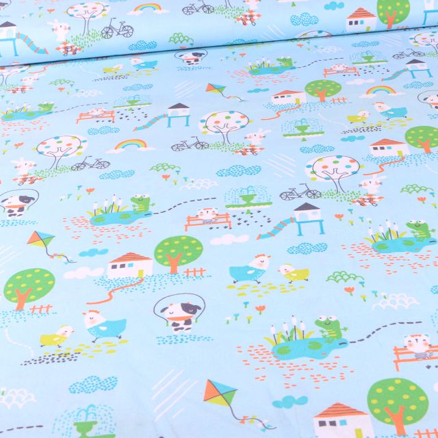 Tissu Coton imprimé LittleBird Happy animaux sur fond Bleu ciel