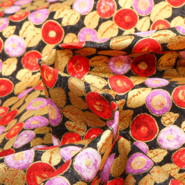Tissu Gustav Klimt Grains dorés rouge et rose sur fond Noir