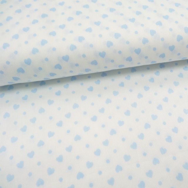 Tissu Piqué de coton Blanc Coeurs Bleu ciel 6 mm - Par 10 cm
