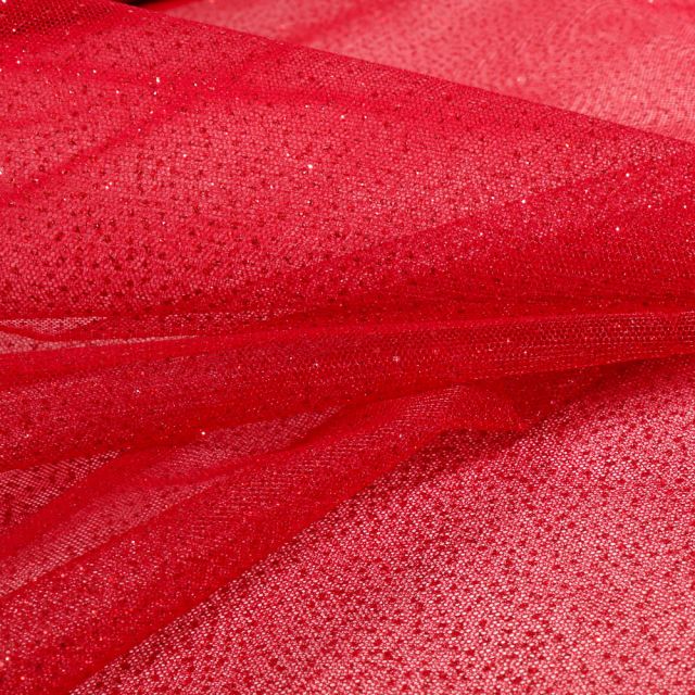 Tissu Tulle Strass Paillettes Rouge griotte