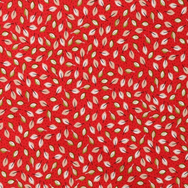 Toile Cirée Alizé Feuilles beige, vertes et blanches sur fond Rouge - Par 10 cm