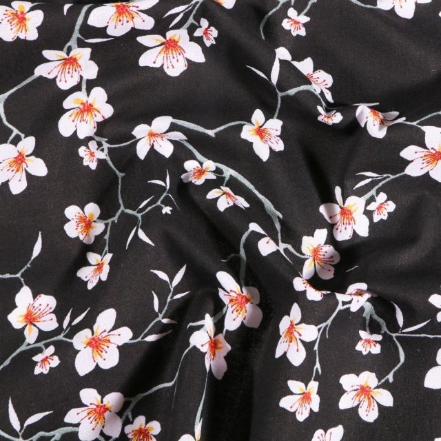 Tissu Coton imprimé Arty Fleur d'amandier sur fond Noir - Par 10 cm