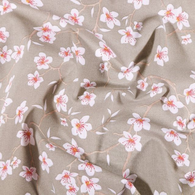 Tissu Coton imprimé Arty Fleur d'amandier sur fond Taupe - Par 10 cm