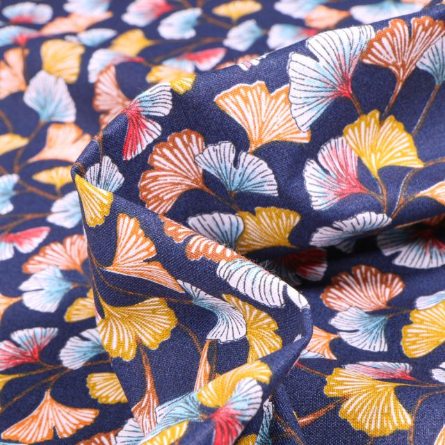 Tissu Coton imprimé Arty Gingko multicolore sur fond Bleu marine