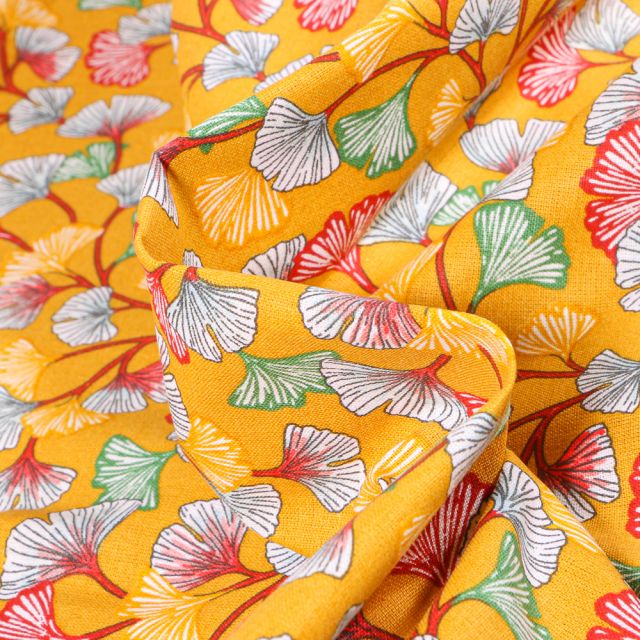 Tissu Coton imprimé  Arty Gingko multicolore sur fond Jaune