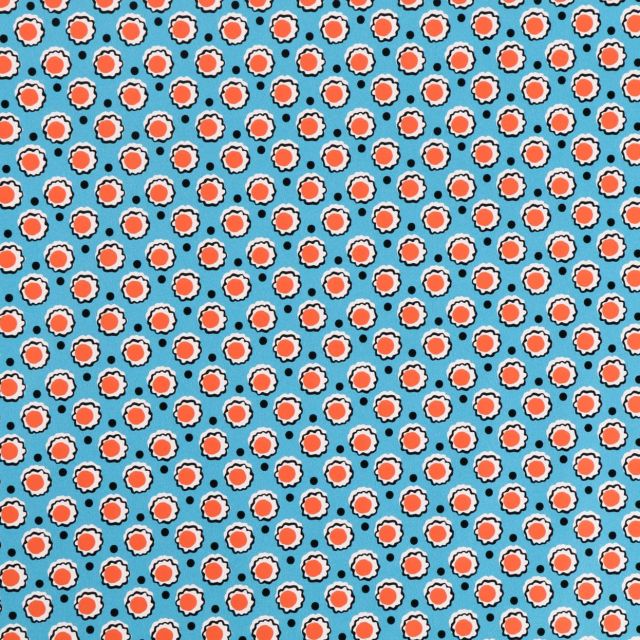 Toile Cirée Dita Fleurs blanches, noires et oranges sur fond Bleu - Par 10 cm