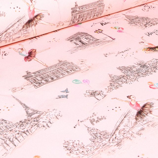 Tissu Coton imprimé Arty Bonjour Paris sur fond Rose nude