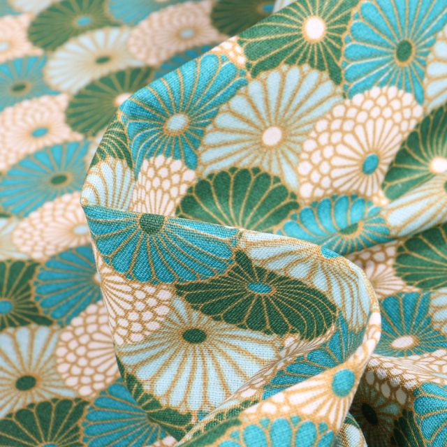 Tissu Coton imprimé Arty Hiro sur fond Bleu turquoise