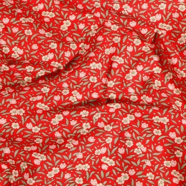 Tissu Coton imprimé Arty Joanne Rose et blanc sur fond Rouge - Par 10 cm