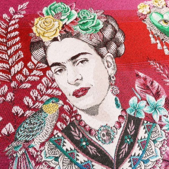 Panneau carré jacquard 48x48cm Frida Kahlo fleuris sur fond Rose fuchsia