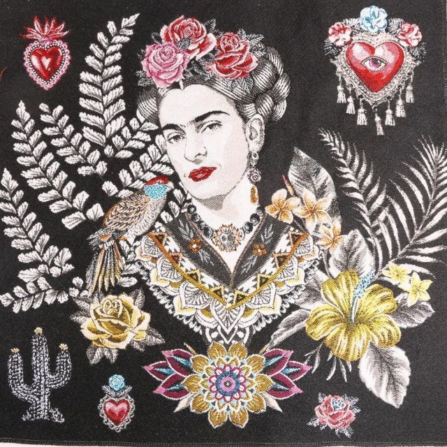 Panneau carré jacquard 48x48cm Frida Kahlo fleuris sur fond Noir