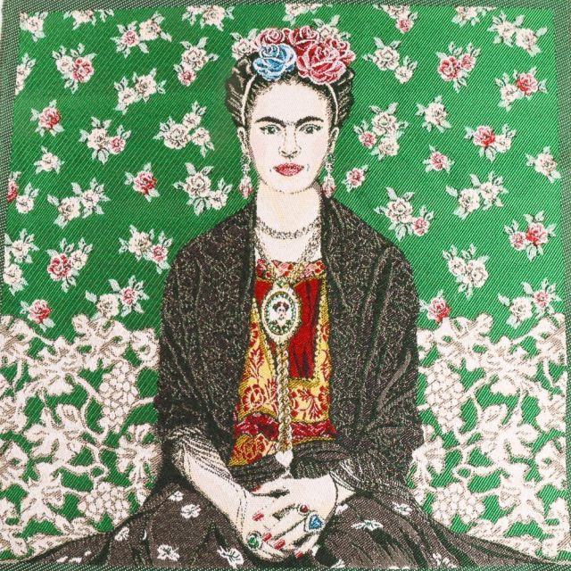Panneau carré jacquard 48x48cm Frida Kahlo sur fond Vert