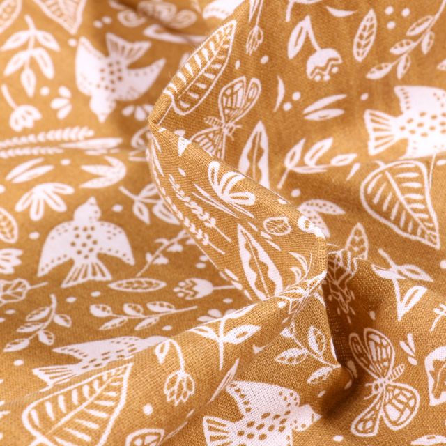 Tissu Coton imprimé Arty Botanique sur fond Jaune moutarde