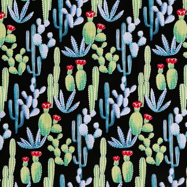 Toile Cirée Tijuana Cactus bleus, verts et rouges sur fond Noir - Par 10 cm
