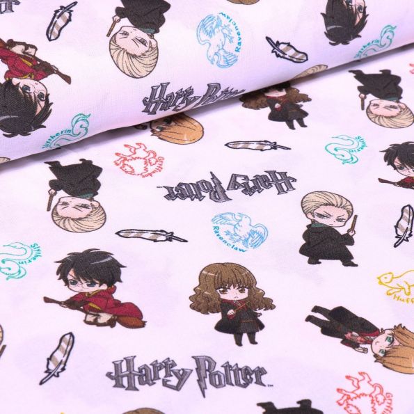 Tissu Coton imprimé sous licence Bio Harry Potter sur fond Blanc