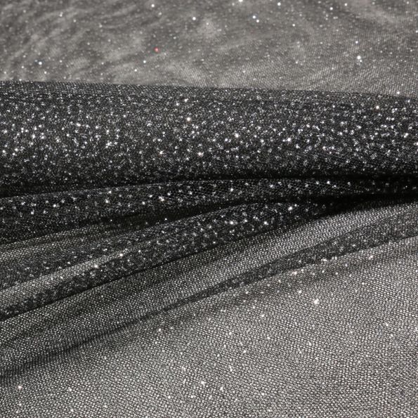 Tissu Tulle Strass Paillettes Argent sur fond Noir - Par 10 cm