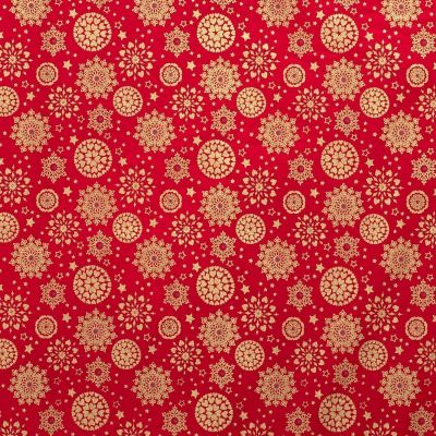 Coupon Tissu Coton imprimé Flocons  dorés sur fond Rouge - Coupon de 60 cm