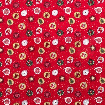 Coupon Tissu Coton imprimé Boules de noël sur fond Rouge - Coupon de 70 cm