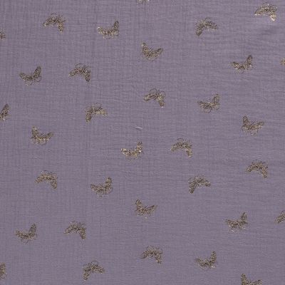 Tissu Double gaze de coton Papillons métallisé doré sur fond Gris anthracite - Par 10 cm