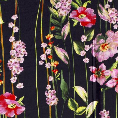 Tissu Crêpe georgette  Lianes de fleurs sur fond Bleu marine - Par 10 cm