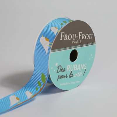 Bobinette Ruban Gros grain motif nature oiseaux Frou-Frou Turquoise - 16 mm x 4 mètres