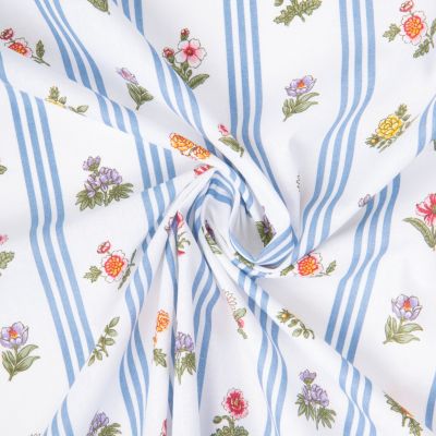 Tissu Coton imprimé Arty Germain fleurs et rayures Bleu ciel sur fond Blanc - Par 10 cm
