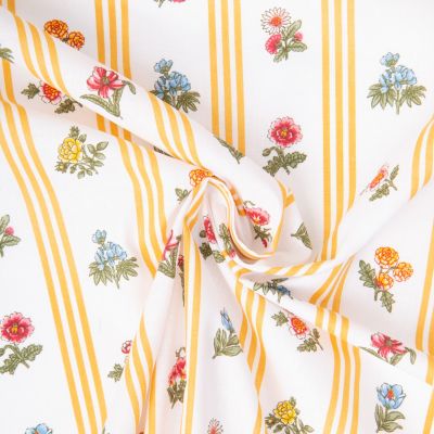 Tissu Coton imprimé Arty Fleurs et rayures Jaune sur fond Blanc - Par 10 cm