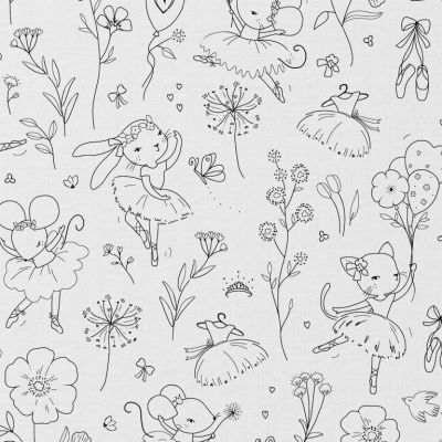 Coupon Tissu Coton à colorier Arty Danse sur fond Blanc - Coupon de 110 cm