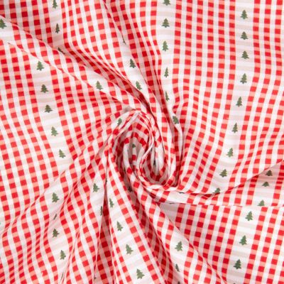 Tissu Coton imprimé Arty St Gervais petits carreaux et sapins sur fond Rouge - Par 10 cm