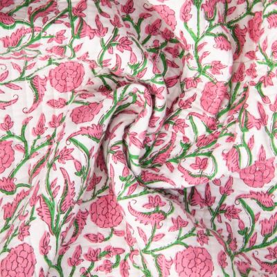 Tissu Coton Matelassé réversible Block print Indien Gange fleuris sur fond Blanc cassé - Par 10 cm