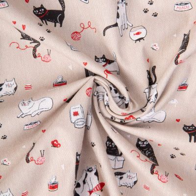 Tissu Toile Polycoton Kity chats Noir et Blanc sur fond Naturel - Par 10 cm