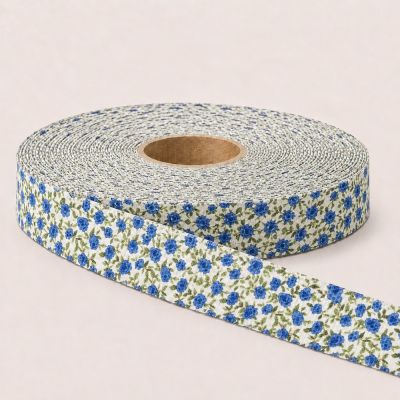 Sangle Polyester aspect Coton 30 mm Fleuris bleu
