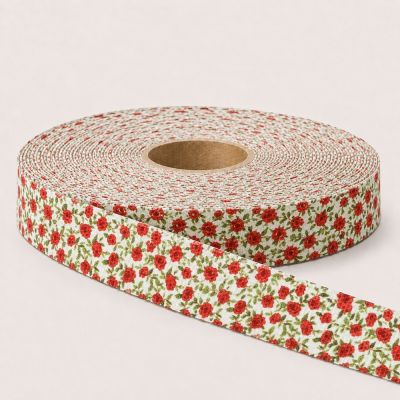 Sangle Polyester aspect Coton 30 mm Fleuris rouge