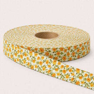 Sangle Polyester aspect Coton 30 mm Fleuris jaune