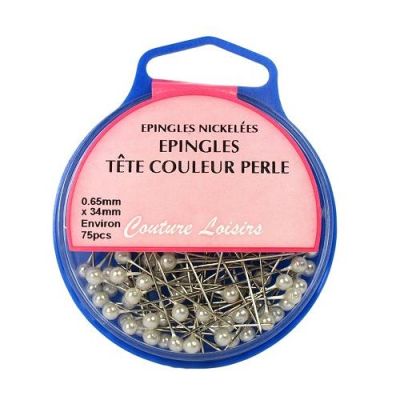 Epingles nickelées tête couleur perle - Environ 75 épingles