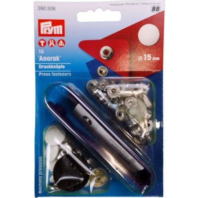 Boutons pression anorak 15mm calotte vernie avec outil Prym Blanc