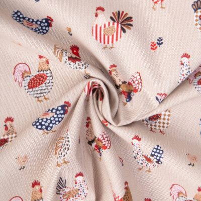 Tissu Toile Polycoton poupoules tricolores sur fond Naturel - Par 10 cm