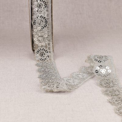 Ruban Dentelle pailleté 30 mm Argent x1m