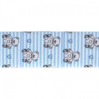 Biais replié 25 mm Oursons et coeurs sur fond rayé Bleu x1m
