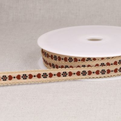 Ruban imprimé 15 mm coeurs sur fond Taupe x1m