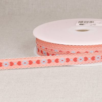 Ruban imprimé 15 mm coeurs sur fond Saumon x1m