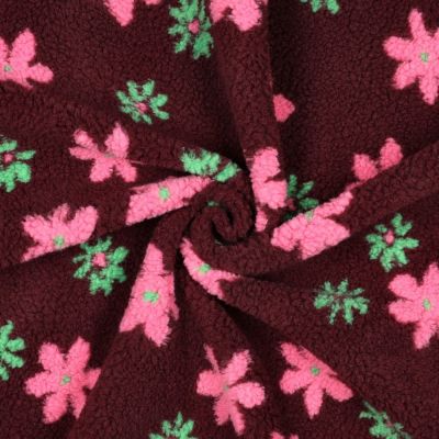 Tissu Bouclette Teddy imprimé Mila fleurs roses sur fond Bordeaux - Par 10 cm