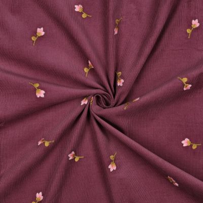 Tissu Velours milleraies Petites fleurs brodées sur fond Lie de vin - Par 10 cm
